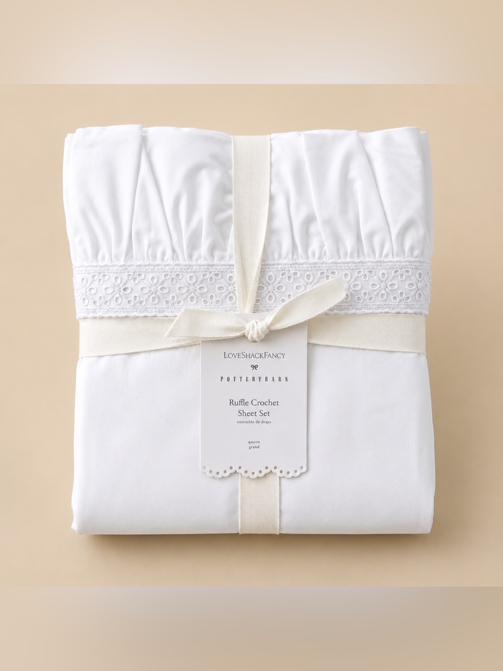LoveShackFancy x Pottery Barn Ruffle Crochet Sheet Set Queen NWT White